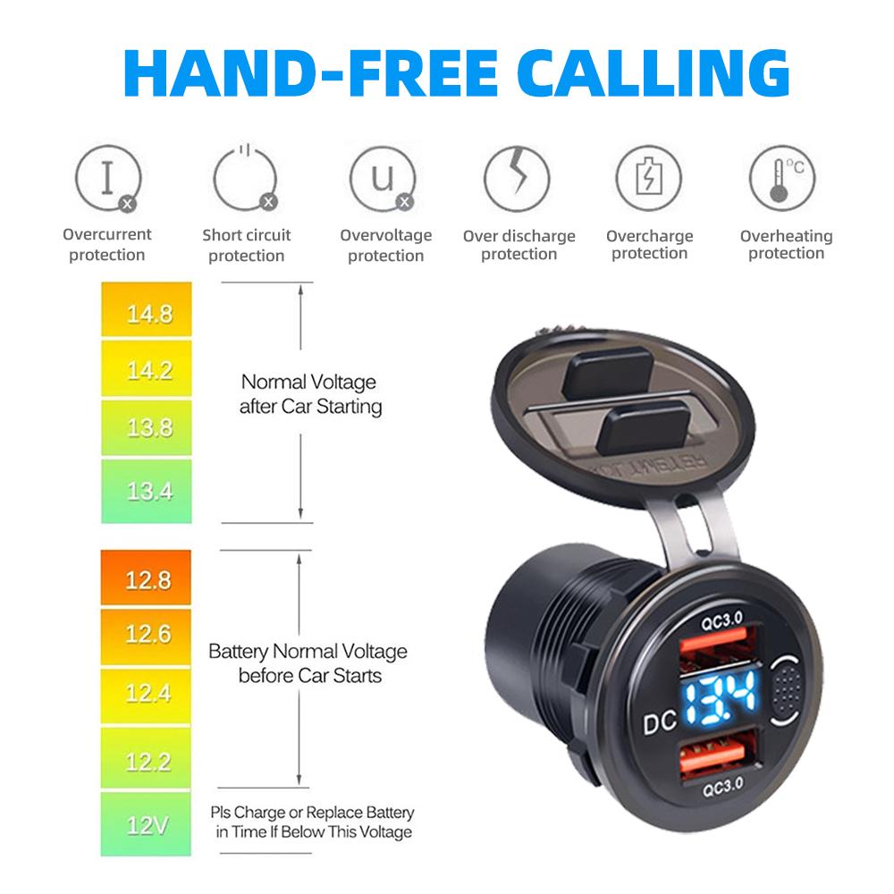 12V/24V Dobbel USB QC3.0-uttak Billader USB-tenneruttak Vanntett Med LED-voltmeter PÅ/AV-bryter Hurtigladeadapter Biltilbehør