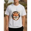 European Size Men's Polyester Short-Sleeve T-Shirt with Listening Fox Music Print - Breathable Round Neck Casual Tee, Fox & Song Note Design