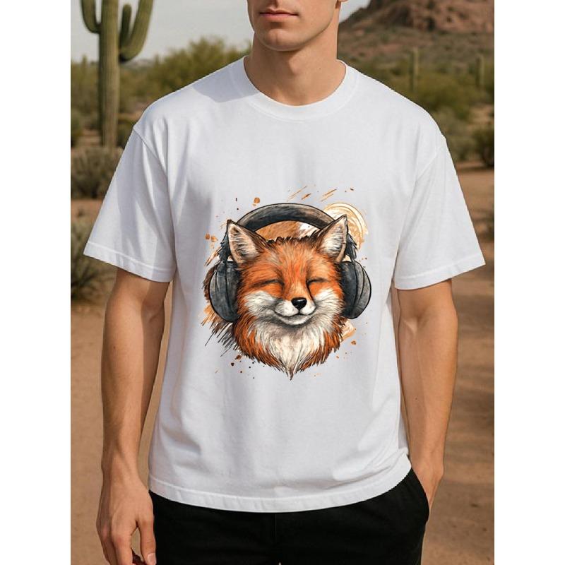 European Size Men's Polyester Short-Sleeve T-Shirt with Listening Fox Music Print - Breathable Round Neck Casual Tee, Fox & Song Note Design