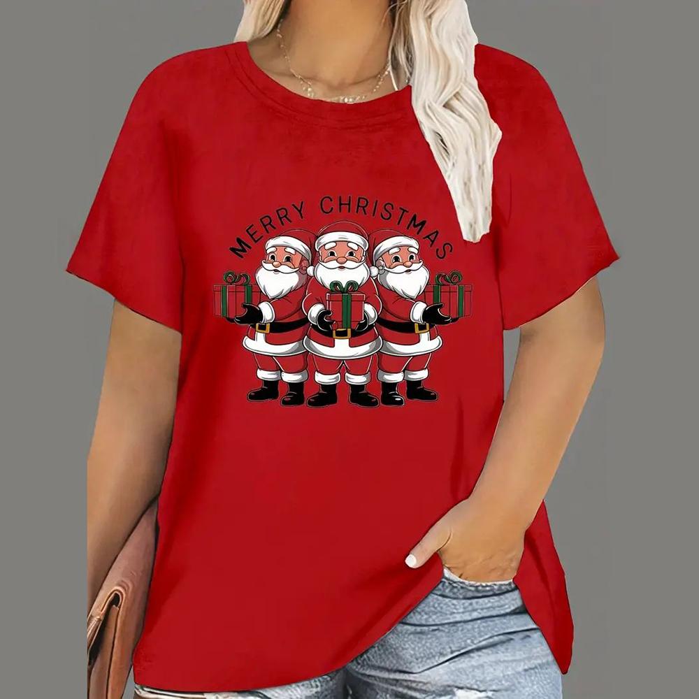 Plus Size 7XL Christmas T Shirts Women's Cartoon Santa Claus Print Tops Tees Short Sleeve O-Neck Casual Party Clothing Oversized Ladies Tops