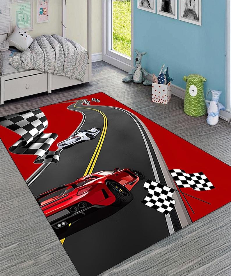 Race Track Kids Rug Car Play Mat Road Map Carpet Boys Room Decor Soft Playroom Rug, Educational Toddler Carpet Nursery Rug Gift