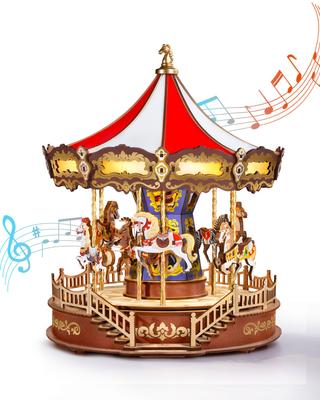 ROBOTIME 3D Puzzle 3D Wood Puzzle Wooden Puzzle with LED Light Assembly Music Box Classic Merry-Go-Round Craft Kit DIY Craft Interior Kill Time
