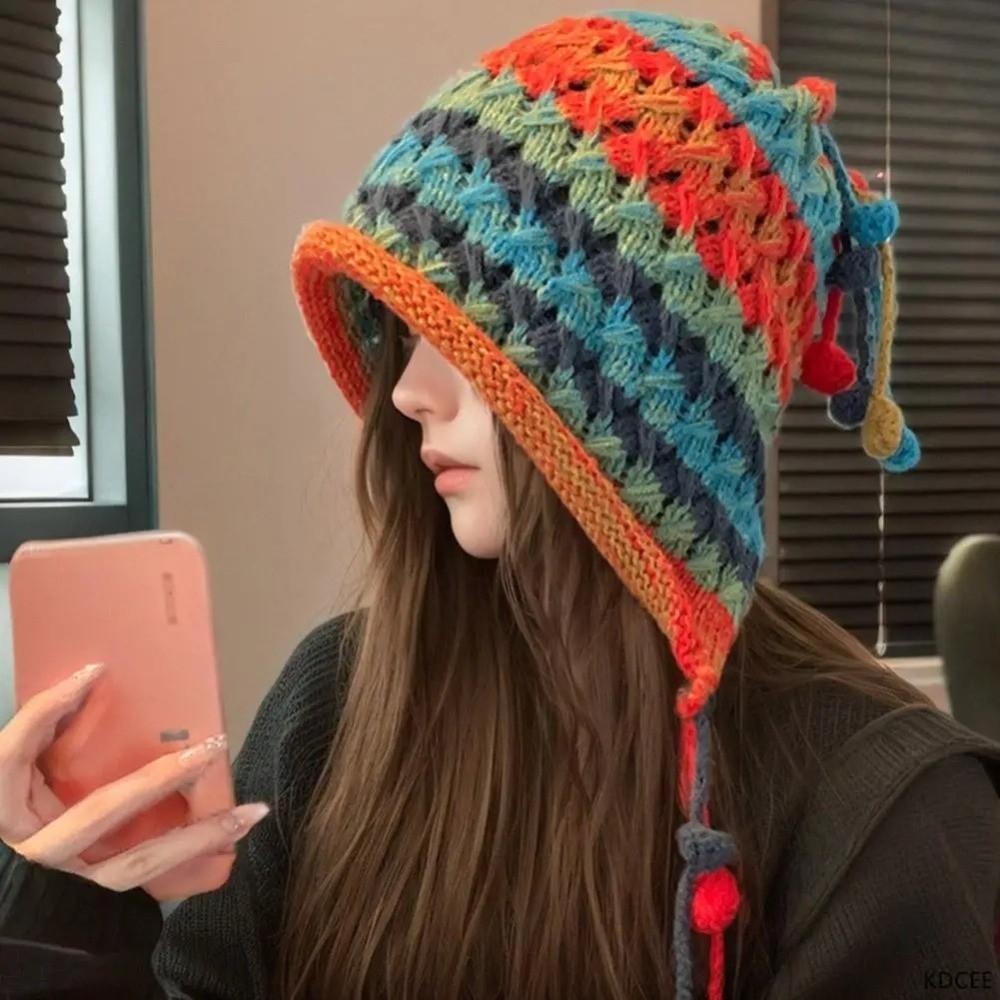 Ethnic Style Knitted Woolen Hat Rainbow Striped Ear Protection Cap Fashion Beanie Hat  for Women