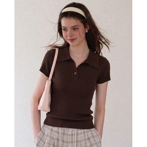 Short Sleeve Polo Neck Knitted Sweater Women's Summer French Design Sense Slim Skinny Lapel Top