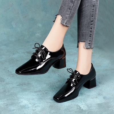 Square Head Deep Mouth Single Shoes Women's Autumn and Winter New Lace-up Cow Patent Leather Thick Heel High Heels Women's Fashion Shoes