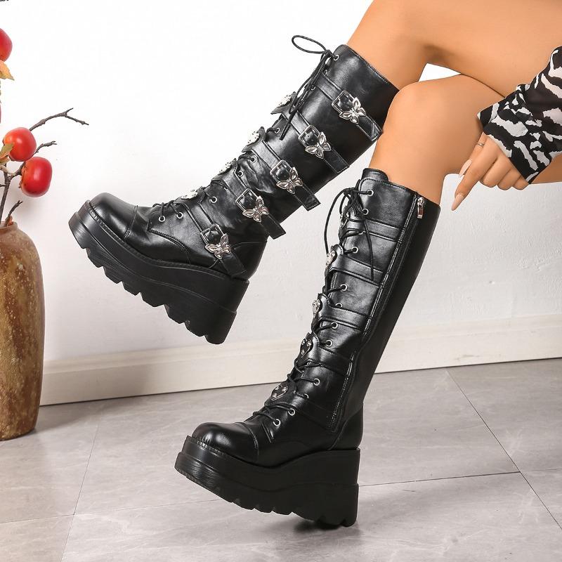 2025 New Size43 Women's Belt Buckle Motorcycle Boots Women's Fashion Punk Long Boots High Quality Trend Knight Boots Botas Mujer
