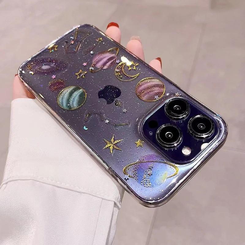 Luxury Planet Moon Stars Glitter Clear Phone Case For iPhone 16 Pro Max 15 14 13 12 11 X XR XS Plus Soft Shockproof Bling Cover