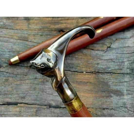 Antique Style Victorian Cane Wooden Walking Stick Vintage Solid Brass Handle