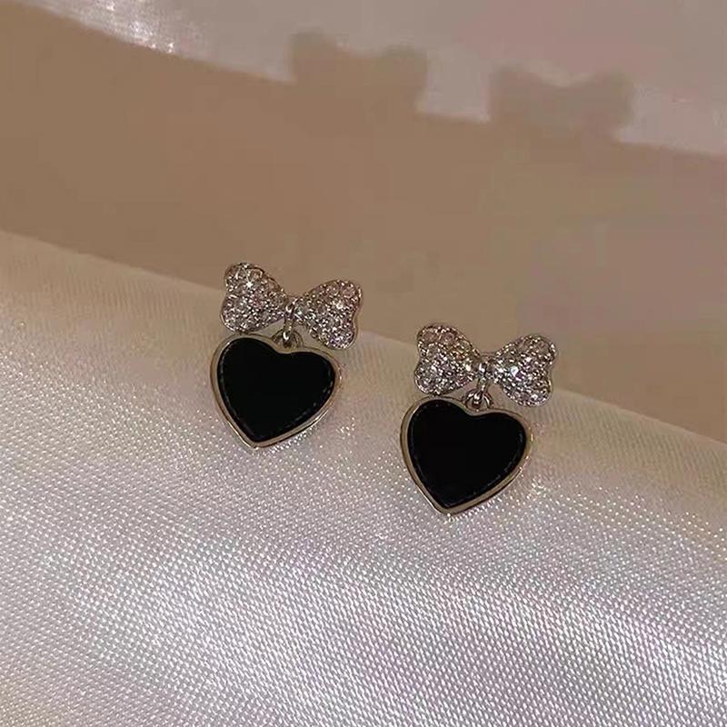Women'S Earrings Asymmetrical Cute Bowknot Black Heart Drop Earrings