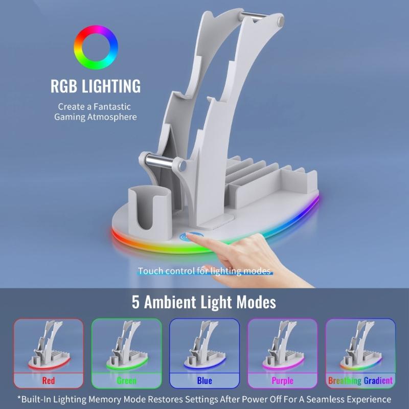 LED Lighting Desktop Stand Holder for Gaming Controllers Game Card Storage Rack with Nonslip Large Base Feature