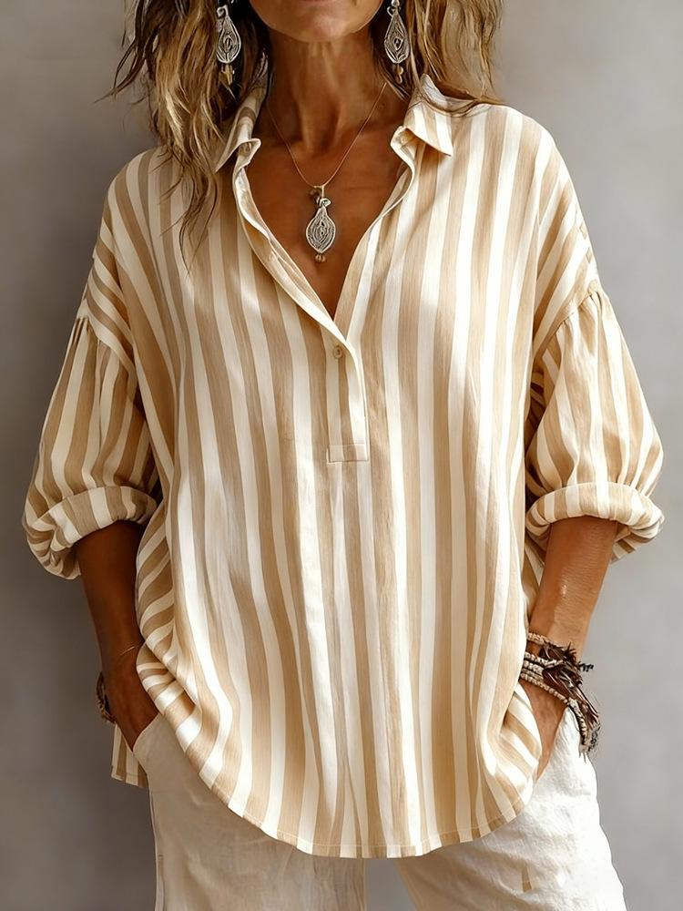 Women's Oversized V Neck 3/4 Sleeve Striped Shirt in 4 Colors