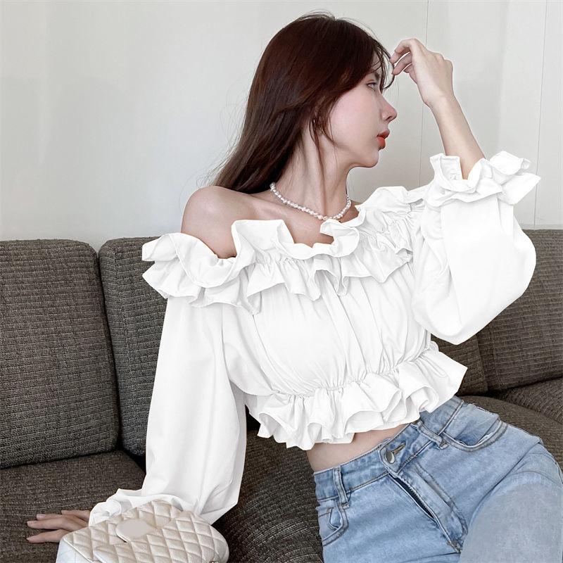 Black Ruffle Edge Slash Neck Women Blouse Cropped Top Long-sleeved Sexy Hotsweet High Waist Navel Exposed Office Lady Summer
