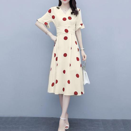 V-Neck Ruffle Short Sleeve Women Dress Waist Lace-up High-waist Large Hem Summer Big Dot Print Midi Dress Female Clothing