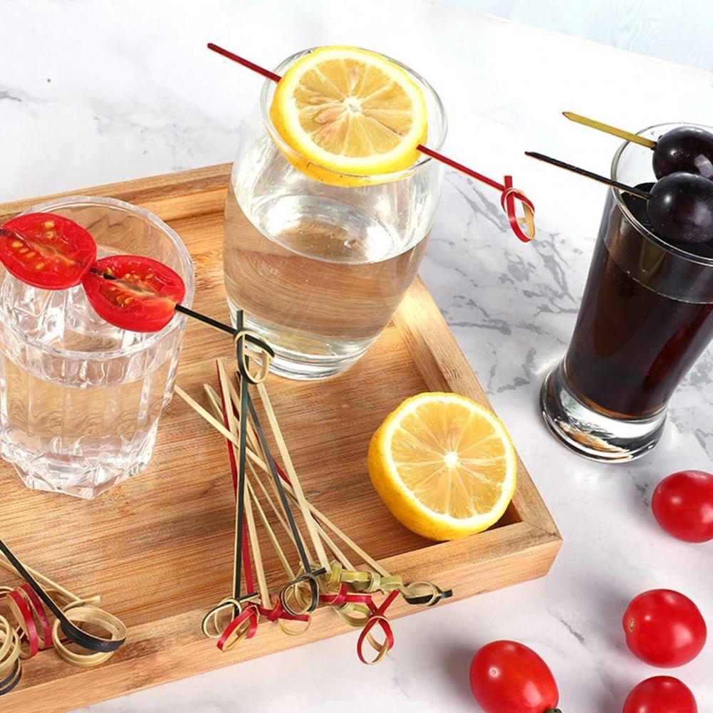 100Pcs Disposable Bamboo Sticks Wooden Knotted with Twisted Ends Skewers Fruit Cocktail Picks BBQ Snacks Club Sandwiches