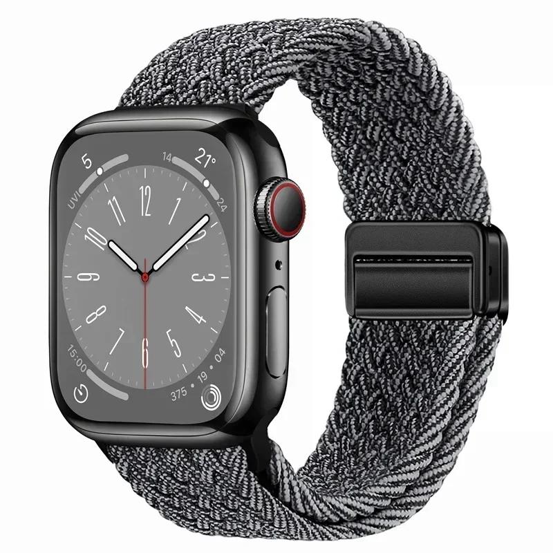 Nylon Braided Loop Strap for Apple Watch Ultra2 49mm 9 8 7 45 41mm Metal Magnetic Bracelet Wristband for 6 5 4 3 SE 44 40mm Band
