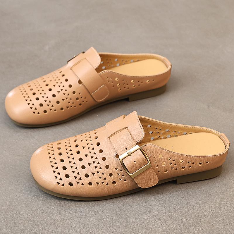 Leder Hausschuhe Damen Sommer Draußen 2026 Neue Faule Schuhe Flache Hausschuhe Damen Sandalen Dames Clogs