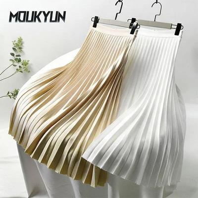 Frauen Frühling Herbst Elegante Chic Solide Plissee Rock Hohe Taille Luxus Mode Mit Elastische Weibliche
