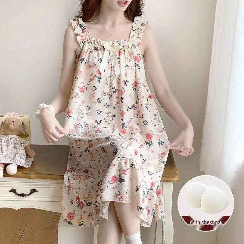 Women's Summer Retro Camisole Pajama Dress with Built-in Bra, Sweet Style, Versatile for Outdoor and Home Wear.