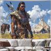 2D Indigenous Warrior Tapestry, Western Prairie Scene Background Cloth for Room Aesthetic