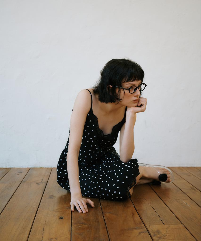 Green Butter Dot Lace Slip Dress (Black)
