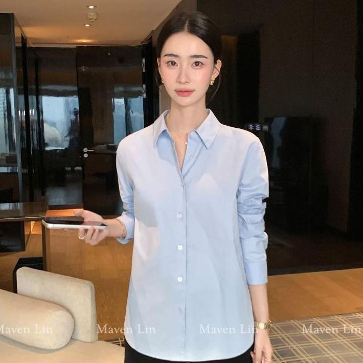 Chemise Minimaliste Bleu Clair Lâche à Manches Longues et Revers pour Femmes Printemps 2026