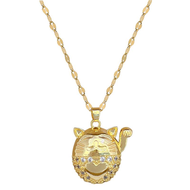 Lucky Cat Light Luxury Temperament Gorgeous Full Diamond Necklace Female Versatile Clavicle Chain Titanium Steel Chain