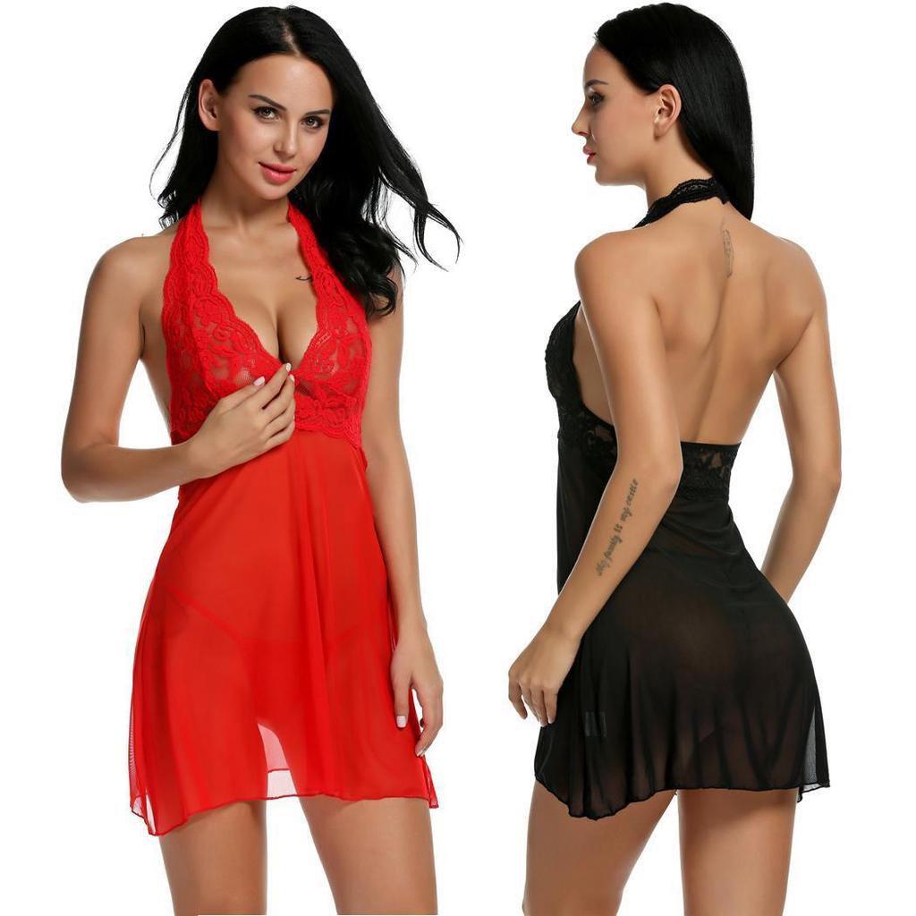 Enchanting Women Sexy Lingerie Dress Baby Doll Halter Lace Patchwork Sleepwear Nightwear