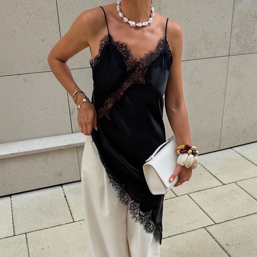 Summer New Style Imitation Silk Lace Slit Inner Dress Satin Suspender Skirt For Women