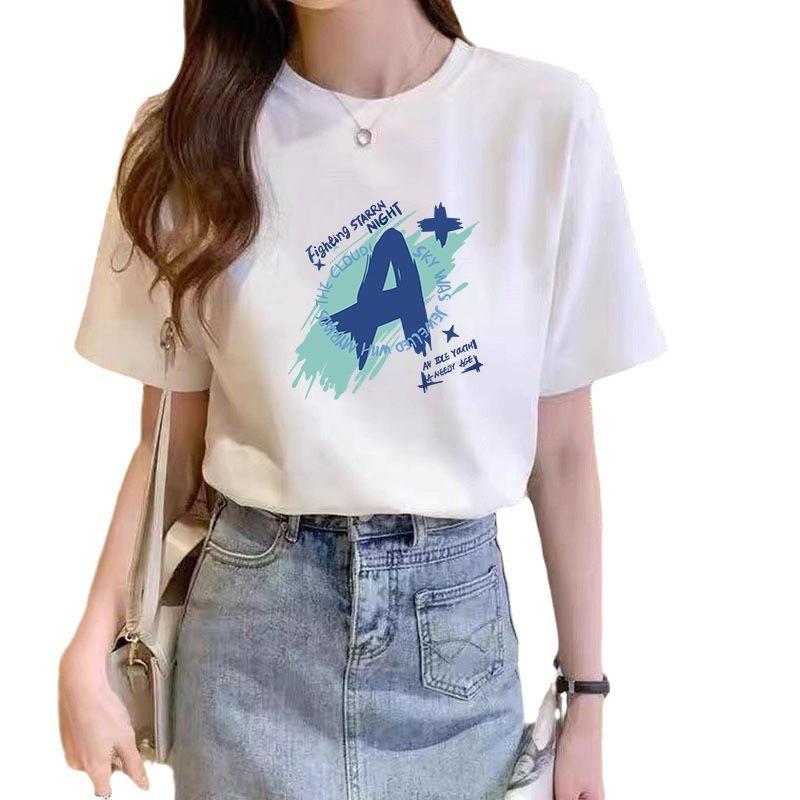 Sommer Damen Baumwolle Lose Weiße Kurzarm T-Shirt Rundhals Bedrucktes Oberteil