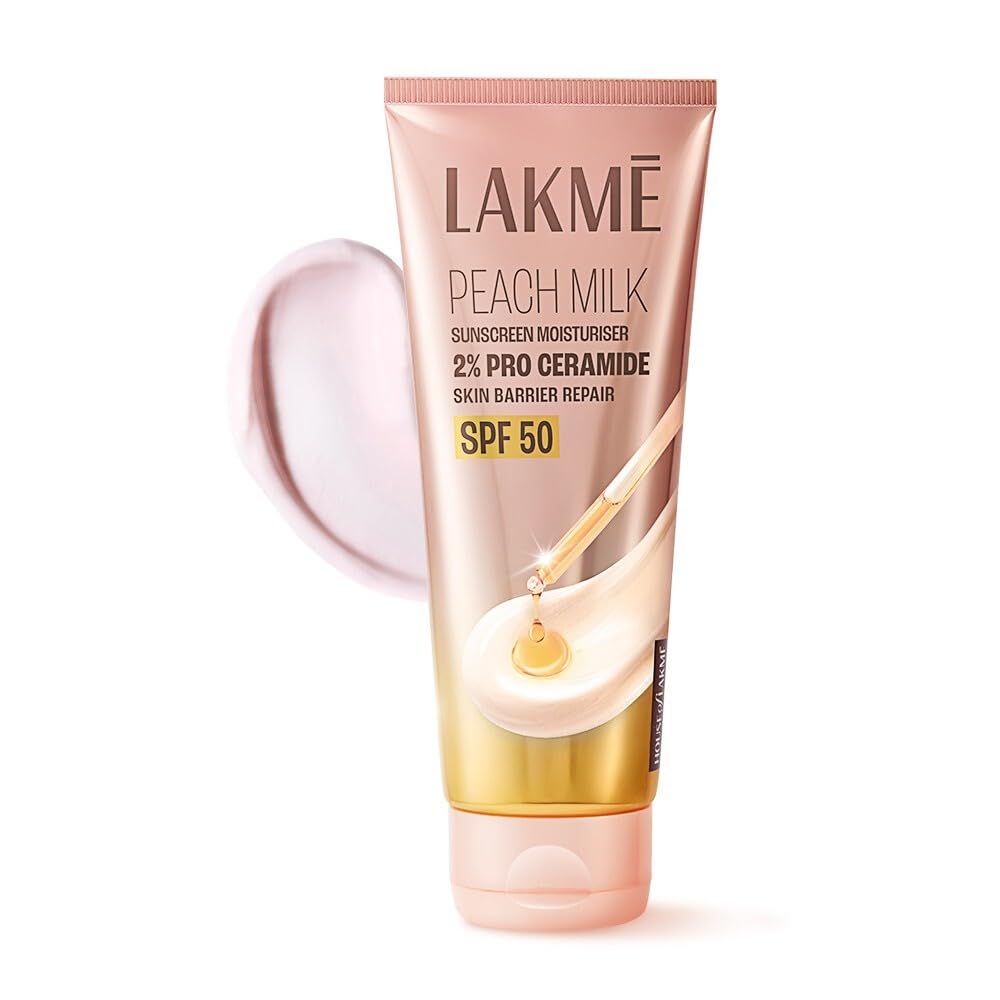 Lakme Peach Milk Sunscreen Moisturiser SPF 50 PA+++ with 2% Pro-Ceramides & Peptides | 2-in-1 Daily Face Cream | Lightweight, Non-Greasy & Sweat-Re