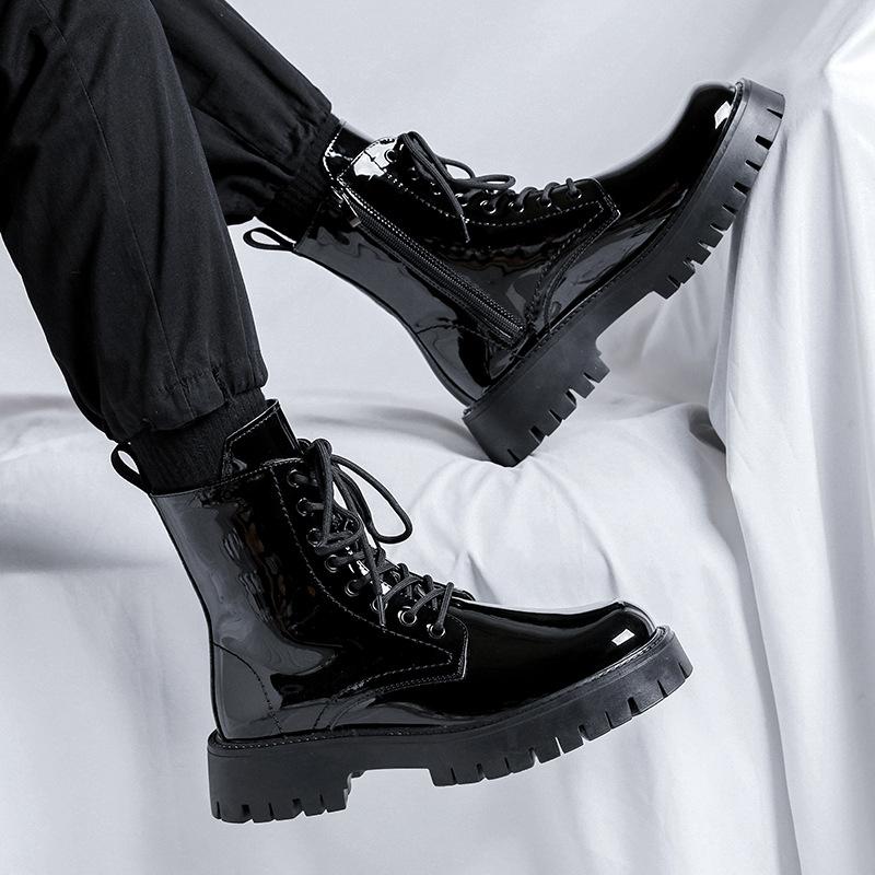 Italiaanse designer patentleren laarzen voor heren casual zwarte trendy schoenen cowboy platformlaars hoge motorlaarzen hombre