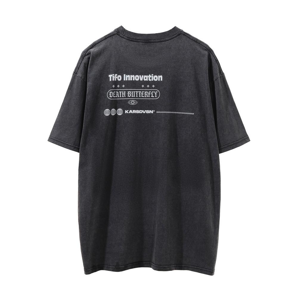 T-shirt z krótkim rękawem z nadrukiem Diabła Czaszki dla Męskiego Instagrama Europa i Ameryka Street Old Okrągły Dekolt Rękaw 5/4 T-shirt Letni Sci Fi Luźny Krój