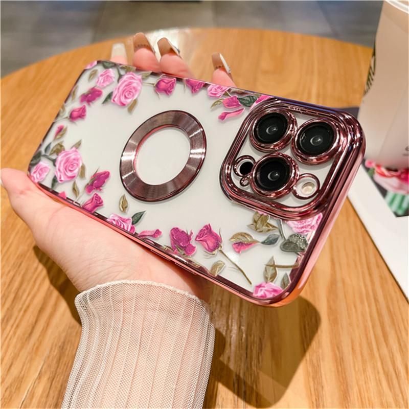 For iPhone 14 Pro Max Luxury Plating Frame Rose Flower Transparent Phone Case For iPhone 11 12 13 14 15 Plus Lens Protective Cover