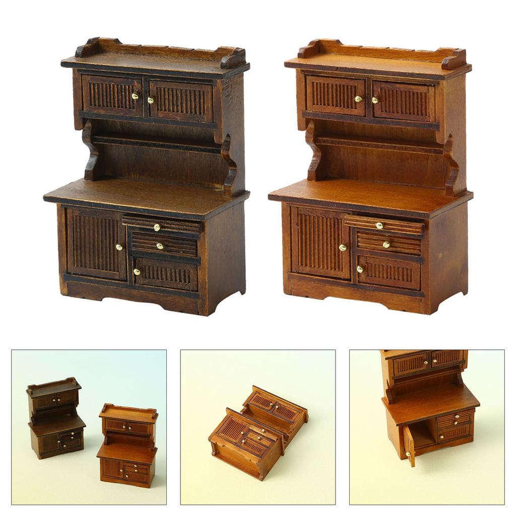 1/16 Scale Miniature Wooden Sideboard Cupboard Bookshelf for Dollhouse Kitchen and Living Room Display Decors Furniture