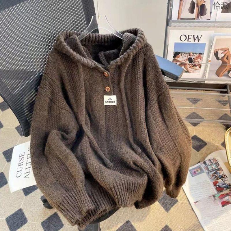 Women S Loose Lazy Style Hooded Knitted Sweater Long Sleeve Pullover