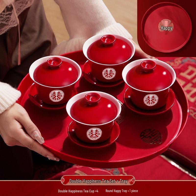 Red Wedding Tea Set: Cup & Bowl Pair with Chopsticks - Perfect for Dowry & Toasting