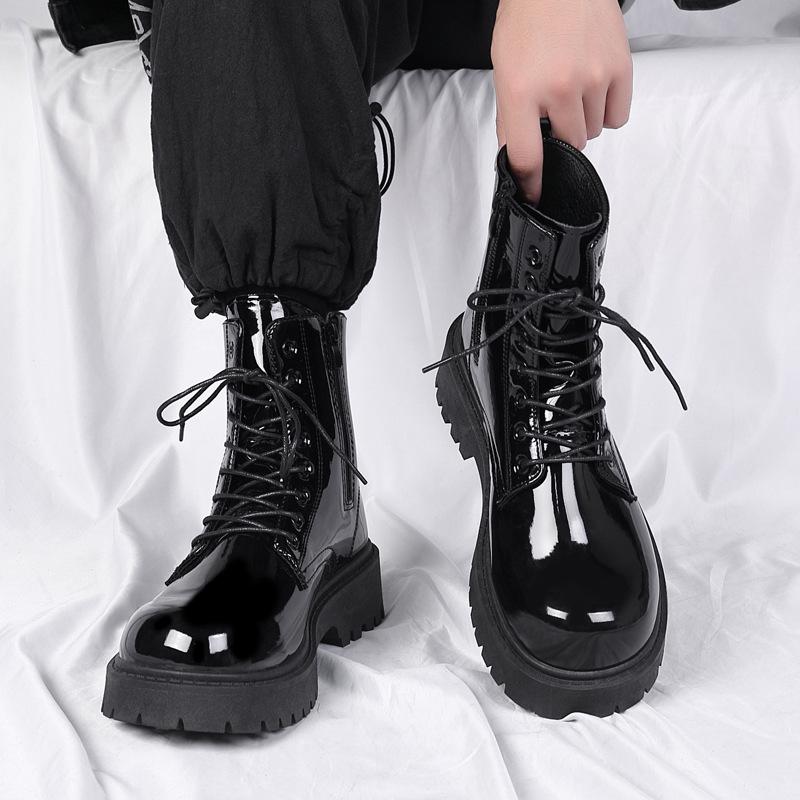 New Men Black Patent Leather British Style Motorcycle Boot Couple Outdoors High Top Leather Waterproof Casual Leather Boots