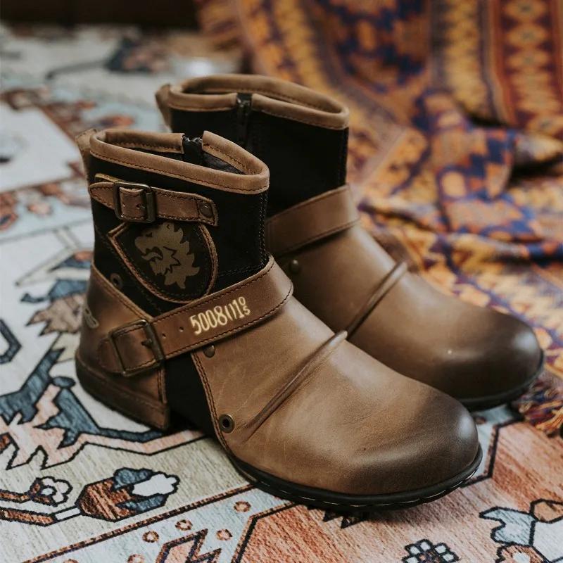 New Punk Genuine Leather Men's Ankle Boots Lace-up Men Cowboy Boots High Top Breathable Shoes Outdoor Mens Training Boots