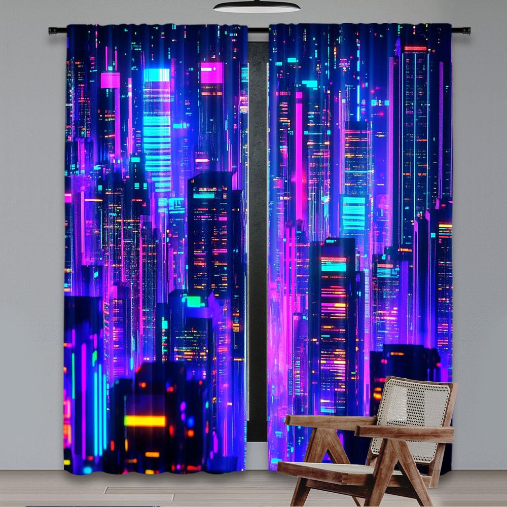 2 stuks retro gordijnen uit de jaren 80 met een moderne punk- en nachtstadsstijl, futuristische uitstraling, geschikt voor slaapkamer, woonkamer, kantoor en studentenkamer.
