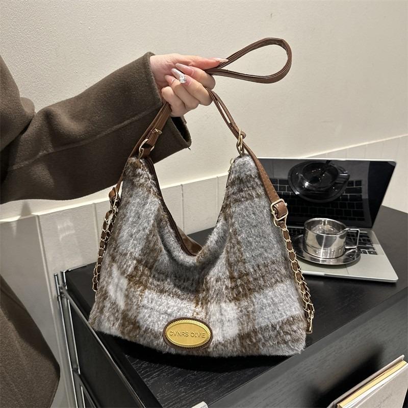 Woolen Women's Bags, New Shoulder Bags, Fashionable Plaid Handbags, Sweet Bags.