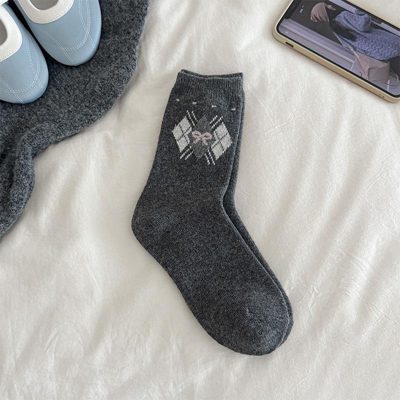 Damen Herbst Winter Verdickte Warme Vintage Rautenmuster Schleife Wollfleece Socken