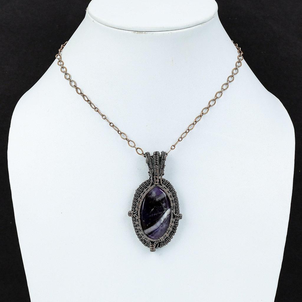 Chevron Amethyst Pendant Copper Wire Wrapped Pendant Gemstone Jewelry Handmade Pendant Copper Wire Wrap Jewelry Unique Pendant Gift For Him