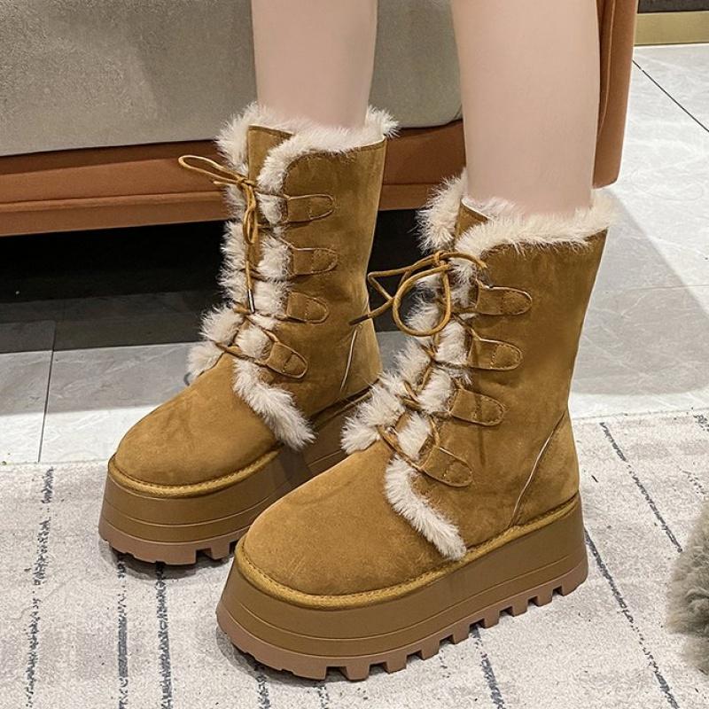 Women 2025 Winter New Thick Plush Warm 7cm Thick Soles Snow Boots Fashion Khaki Suede Leather Mid-Calf Girl'S Cotton Shoes