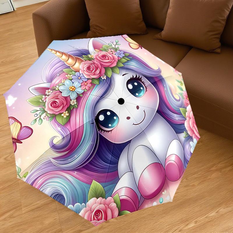 1PC Unicorn Flowers Umbrella-8-Rib Reinforced Portable Folding Travel Suitable for All Seasons Outdoor Daily Use-G384