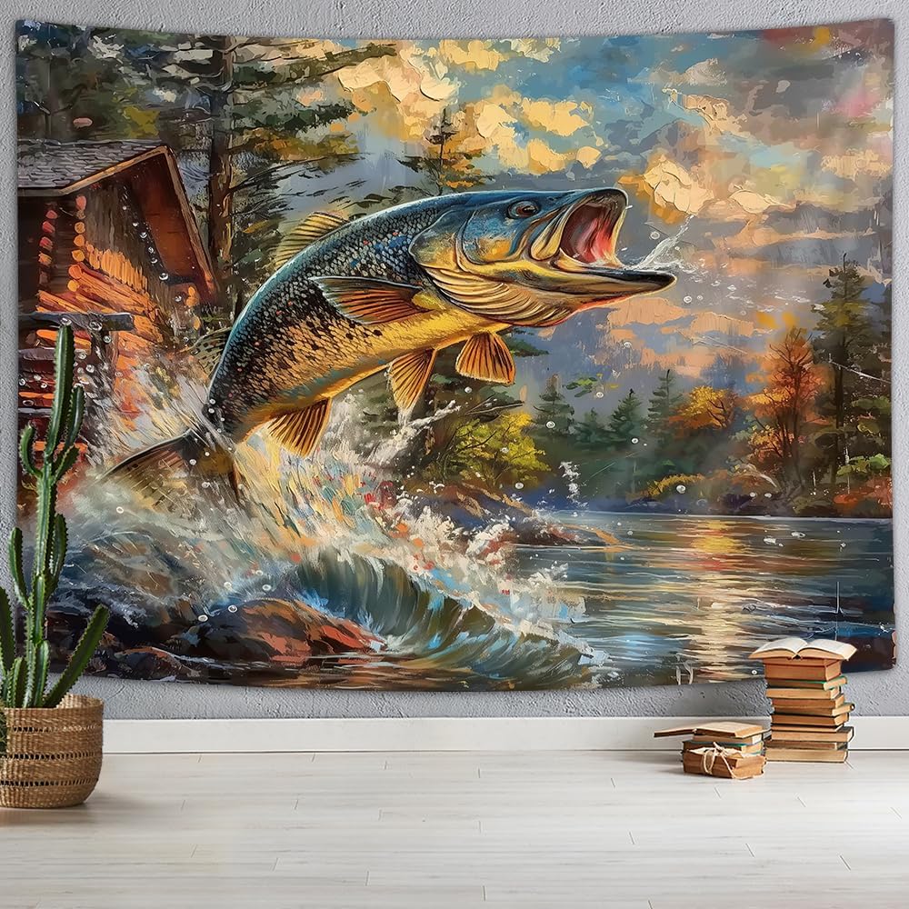 Largemouth Bass Tapestry, Oil Painting-style Jumping Fish with Cabin and Forest Lake at Sunset Print Wall Hanging for Home Decor