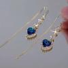 New Blue Heart Shaped Zircon Earrings For Women Light Luxury Long Tassel Ear Wire Dangle Earring Ladies Wedding Party Jewelry