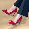 Fashion Claret Color Bow Women's High Heels Patent Leather Shallow Pointed Sexy Stiletto Heels Pumps Elegant Professional Shoes Banquets