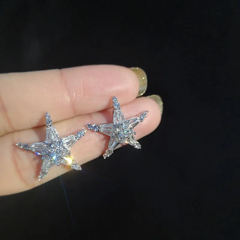 Simple Female Earrings Sterling SIlver Pentagram Earrings for Women Inlaid Cubic Zircon Star Shaped Gift Pendientes