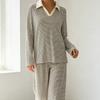 VEZFAA Women's Fashion Spring Autumn Stripe Print Long Sleeve POLO Neck Casual Pajama Set