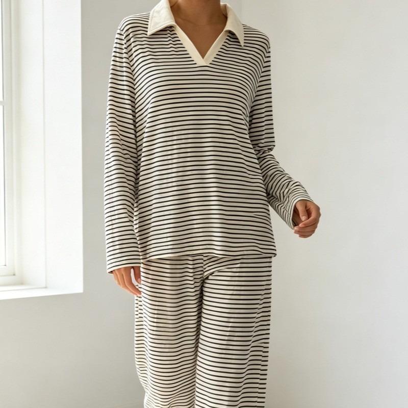 VEZFAA Women's Fashion Spring Autumn Stripe Print Long Sleeve POLO Neck Casual Pajama Set